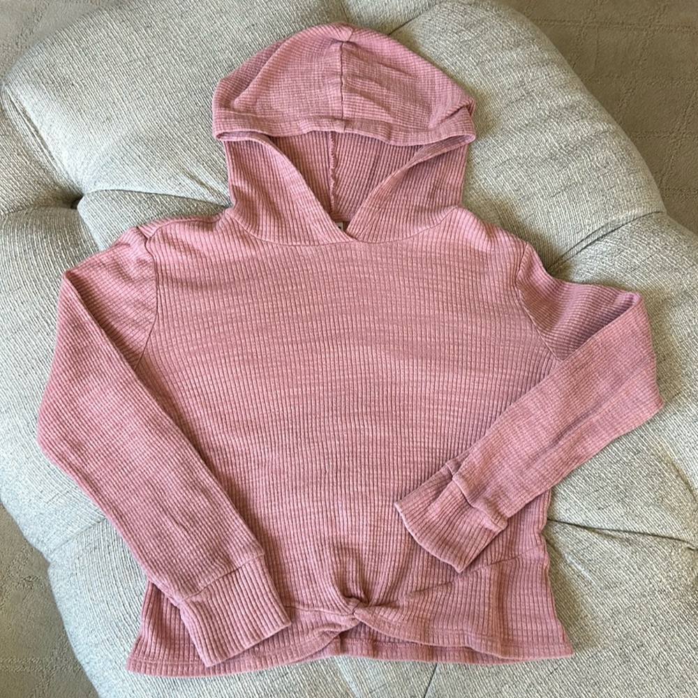 Pink Ribbed, Long Sleeve, Lightweight Hoodie with Twist design in front